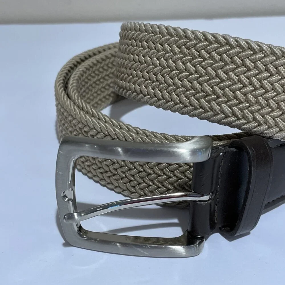 Vintage Cotton Rope Braided Belt Faux Leather Trim Men's XL Beige Metal Buckle